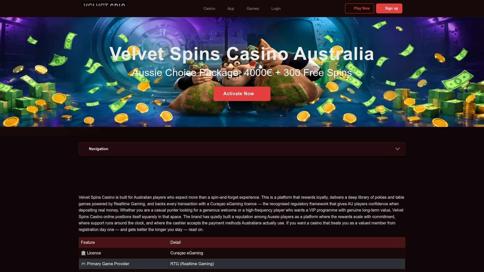 Velvet Spins Casino desktop experience